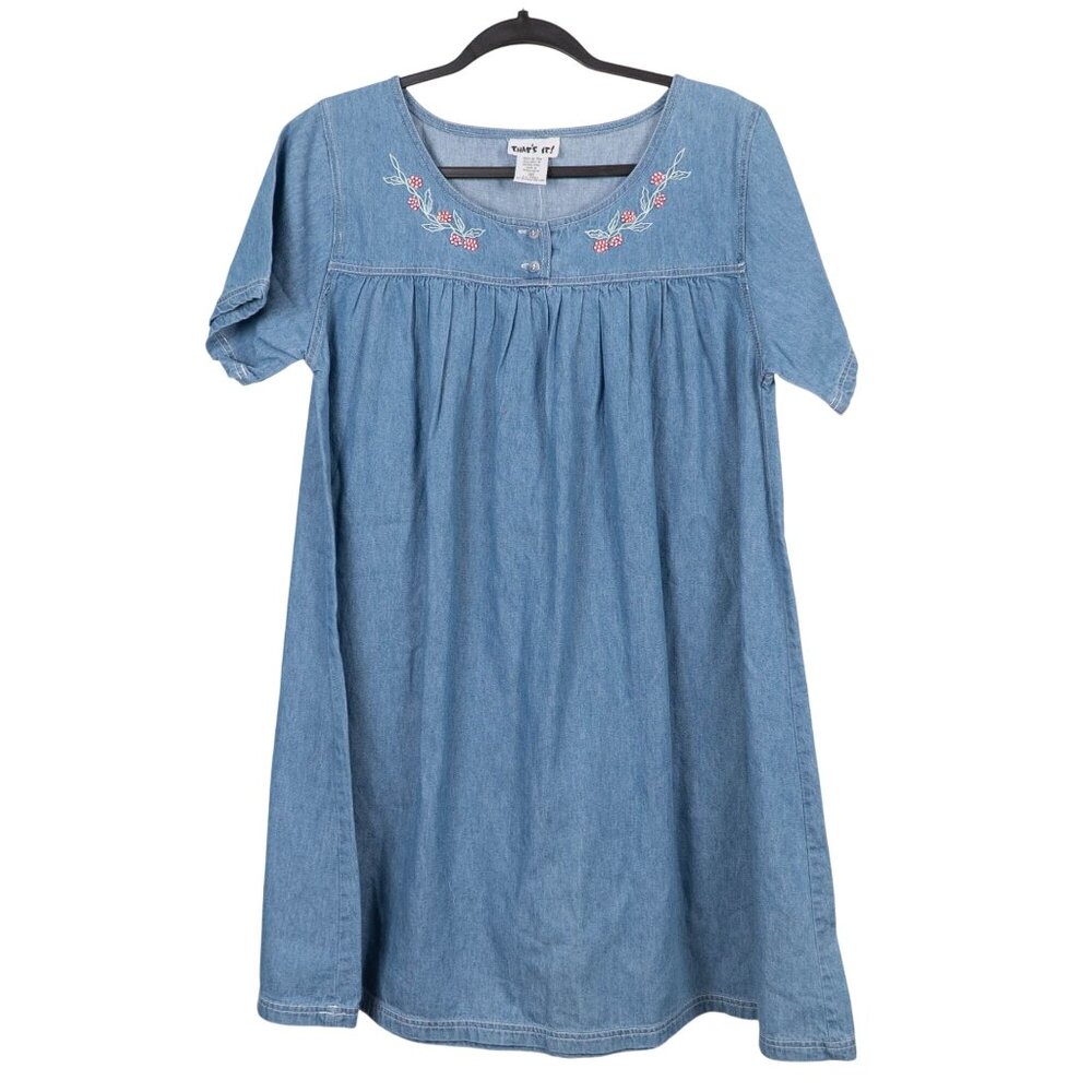 VTG Denim Dress M Cotton Short Sleeve Embroidered Grapes Festival Swing Aline